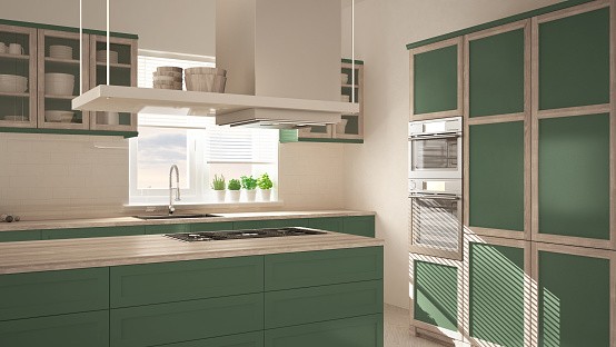 Modern wooden and green kitchen with island, parquet herringbone floor, architecture minimalistic interior design Mod Cabinetry for Green Kitchen Cabinets, green kitchen cabinets, sage green kitchen cabinets, dark green kitchen cabinets, modern green kitchen cabinets