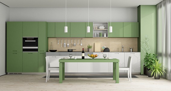 Green and white modern kitchen - 3d rendering Mod Cabinetry for Green Kitchen Cabinets, green kitchen cabinets, sage green kitchen cabinets, dark green kitchen cabinets, modern green kitchen cabinets