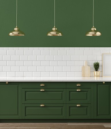 Mock up poster frame close-up in kitchen interior Mod Cabinetry for Green Kitchen Cabinets, green kitchen cabinets, sage green kitchen cabinets, dark green kitchen cabinets, modern green kitchen cabinets