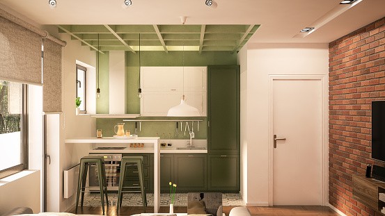 Computer generated image of kitchen and living room. Architectural Visualization. 3D rendering. Mod Cabinetry for Green Kitchen Cabinets, green kitchen cabinets, sage green kitchen cabinets, dark green kitchen cabinets, modern green kitchen cabinets
