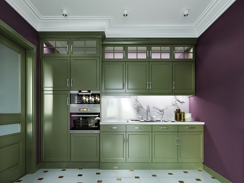 Green kitchen furniture in a burgundy kitchen interior. Floor white tiles with gold accents. Mod Cabinetry for Green Kitchen Cabinets, green kitchen cabinets, sage green kitchen cabinets, dark green kitchen cabinets, modern green kitchen cabinets