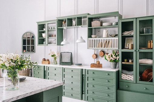 New stylish white kitchen with green furniture Mod Cabinetry for Green Kitchen Cabinets, green kitchen cabinets, sage green kitchen cabinets, dark green kitchen cabinets, modern green kitchen cabinets