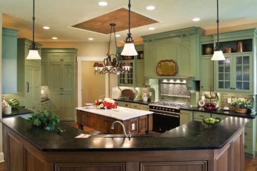 Country style custom kitchen in residential home. Mod Cabinetry for Green Kitchen Cabinets, green kitchen cabinets, sage green kitchen cabinets, dark green kitchen cabinets, modern green kitchen cabinets