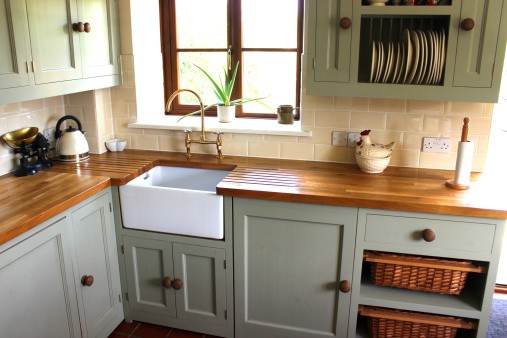 Traditional-country kitchen, kettle, wooden-worktops, Belfast / Butler sink Mod Cabinetry for Green Kitchen Cabinets, green kitchen cabinets, sage green kitchen cabinets, dark green kitchen cabinets, modern green kitchen cabinets